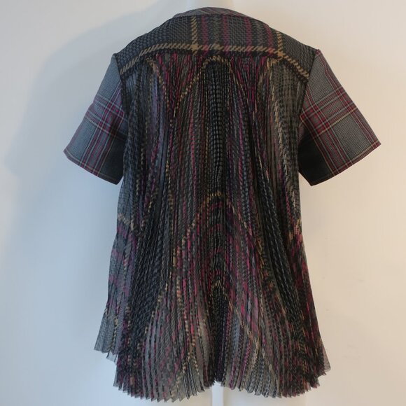Women Sacai Black Gray Burgundy Plaid Short Sleeve Pleated Top Blouse M - Picture 12 of 14